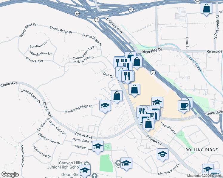 map of restaurants, bars, coffee shops, grocery stores, and more near 13149 Pinnacle Court in Chino Hills