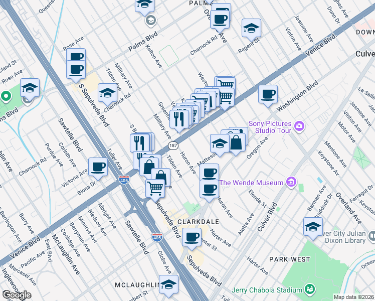 map of restaurants, bars, coffee shops, grocery stores, and more near 3832 Huron Avenue in Culver City