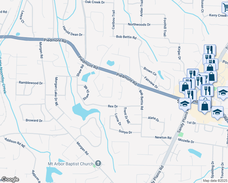 map of restaurants, bars, coffee shops, grocery stores, and more near 2805 Pine Meadow Drive in Marietta