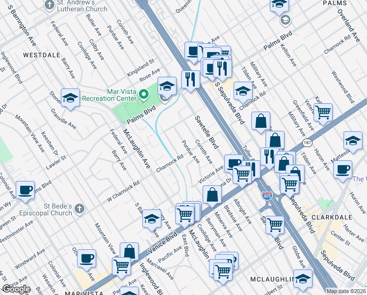 map of restaurants, bars, coffee shops, grocery stores, and more near 3563 Purdue Avenue in Los Angeles