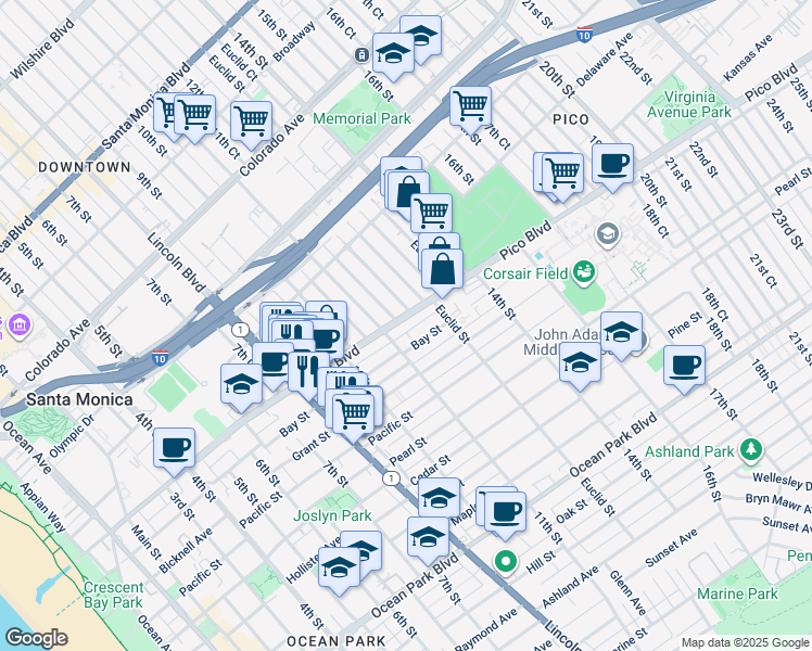 map of restaurants, bars, coffee shops, grocery stores, and more near 1122 Pico Boulevard in Santa Monica