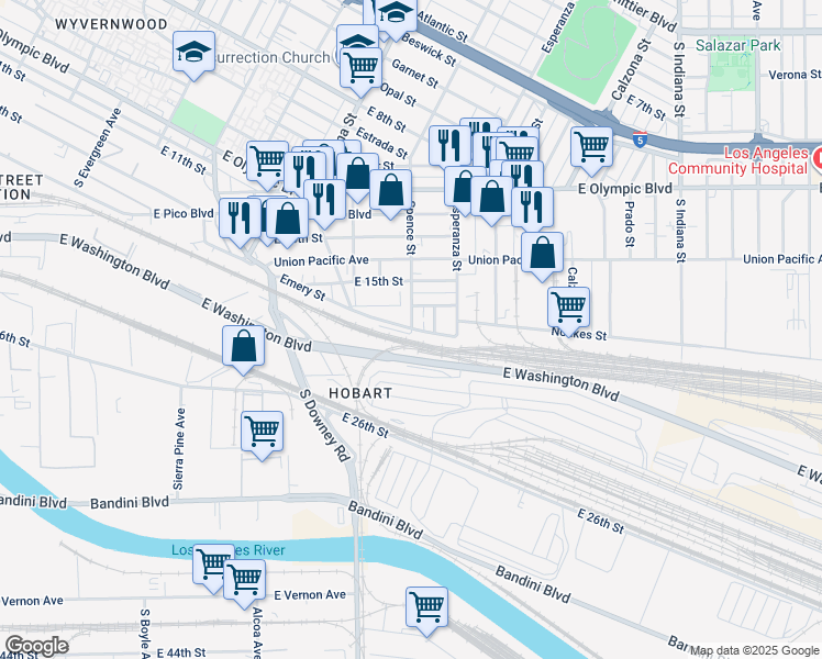 map of restaurants, bars, coffee shops, grocery stores, and more near 1550 Spence Street in Los Angeles