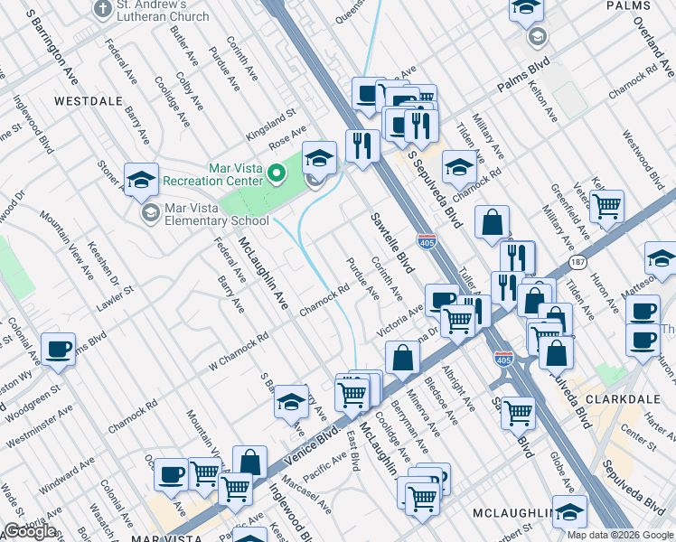 map of restaurants, bars, coffee shops, grocery stores, and more near 3552 Butler Avenue in Los Angeles