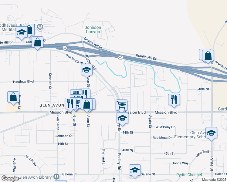 map of restaurants, bars, coffee shops, grocery stores, and more near 4041 Pedley Road in Riverside