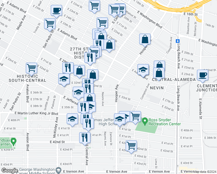 map of restaurants, bars, coffee shops, grocery stores, and more near 3215 Boaz Street in Los Angeles