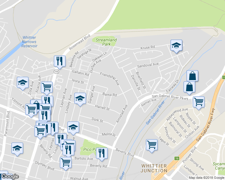 map of restaurants, bars, coffee shops, grocery stores, and more near 9485 Banta Road in Pico Rivera