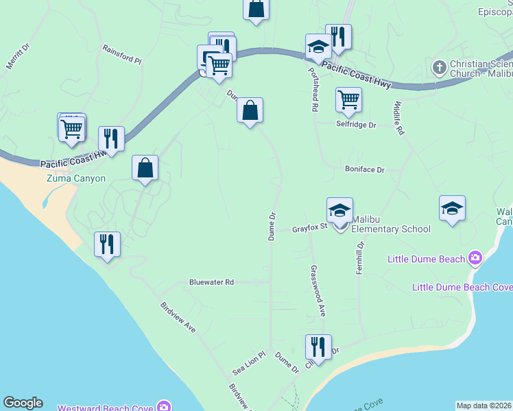 map of restaurants, bars, coffee shops, grocery stores, and more near 6839 Dume Drive in Malibu