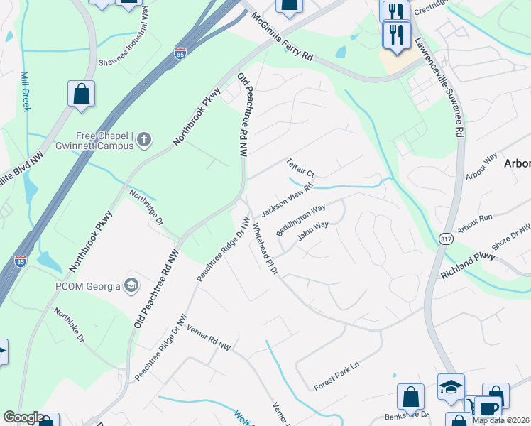 map of restaurants, bars, coffee shops, grocery stores, and more near 2608 Beddington Way in Suwanee