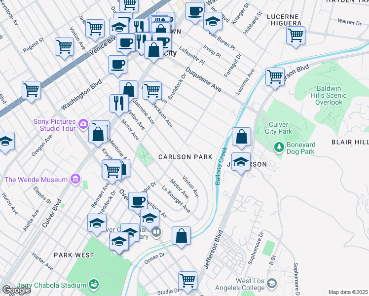 map of restaurants, bars, coffee shops, grocery stores, and more near 4211 Jackson Avenue in Culver City