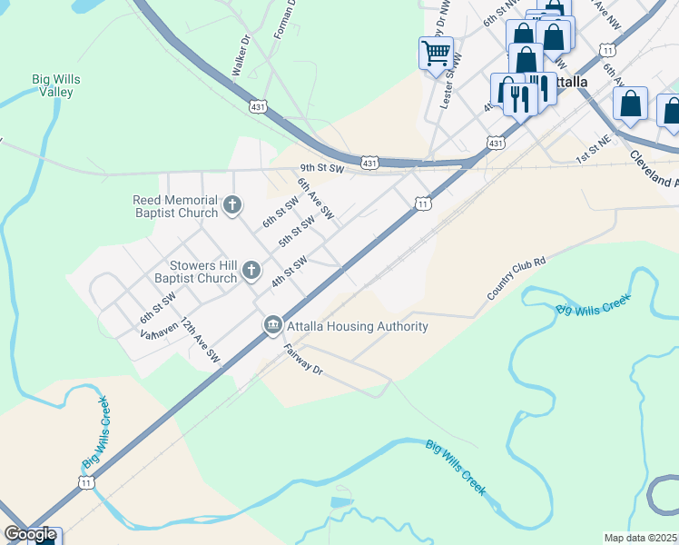 map of restaurants, bars, coffee shops, grocery stores, and more near 509 3rd Street Southwest in Attalla