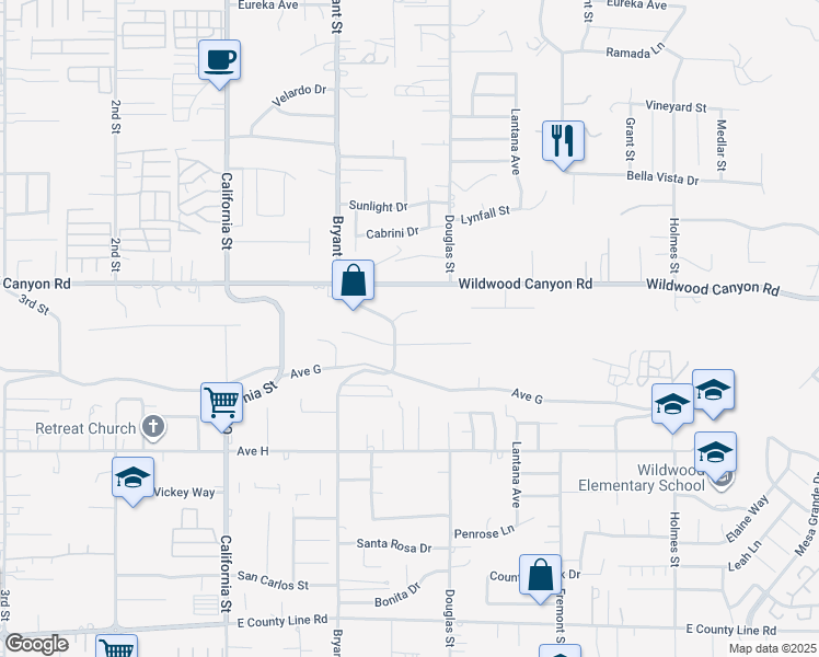 map of restaurants, bars, coffee shops, grocery stores, and more near 13195 Bryant Street in Yucaipa