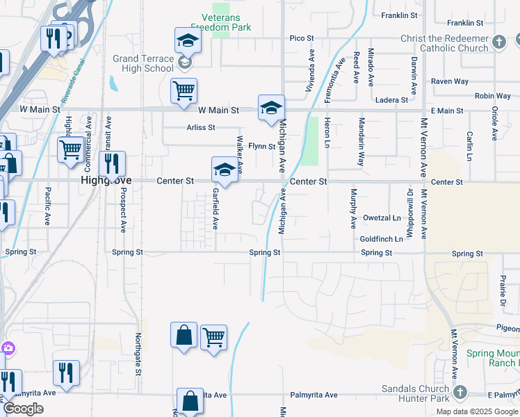 map of restaurants, bars, coffee shops, grocery stores, and more near 550 Center Street in Riverside