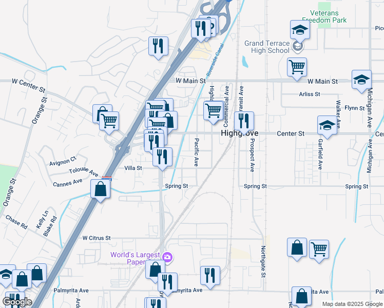 map of restaurants, bars, coffee shops, grocery stores, and more near 420 Glen Street in Riverside