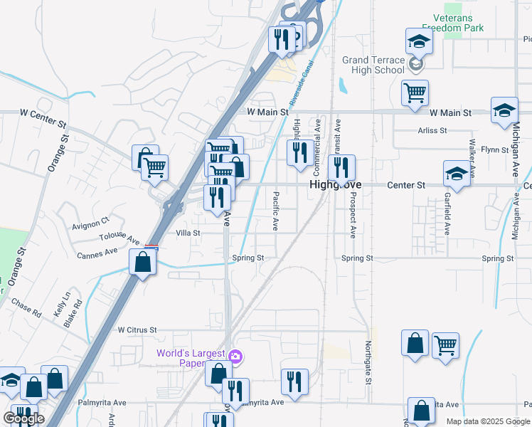 map of restaurants, bars, coffee shops, grocery stores, and more near 420 Glen Street in Riverside