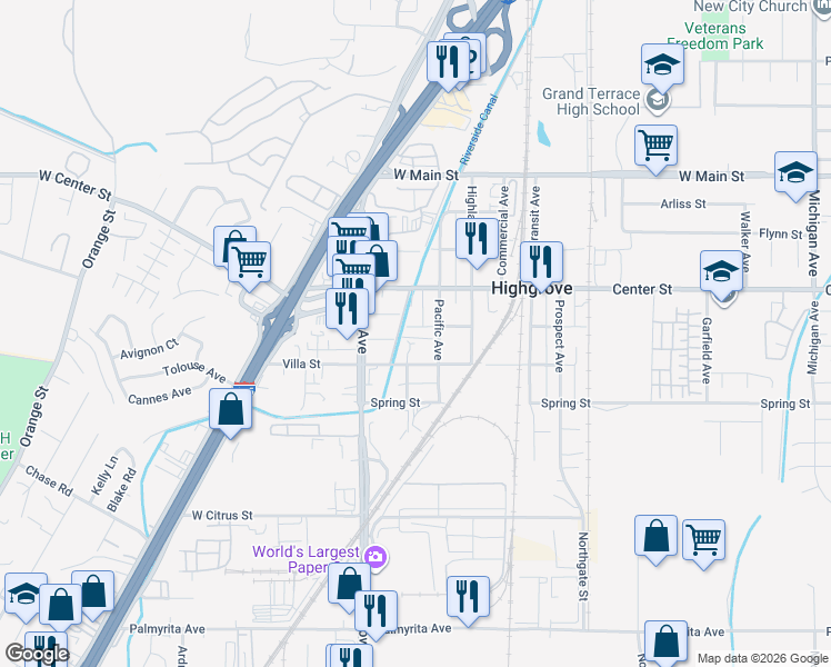 map of restaurants, bars, coffee shops, grocery stores, and more near 420 Glen Street in Riverside