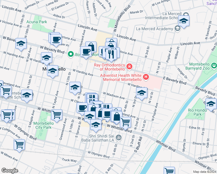 map of restaurants, bars, coffee shops, grocery stores, and more near 316 North 7th Street in Montebello