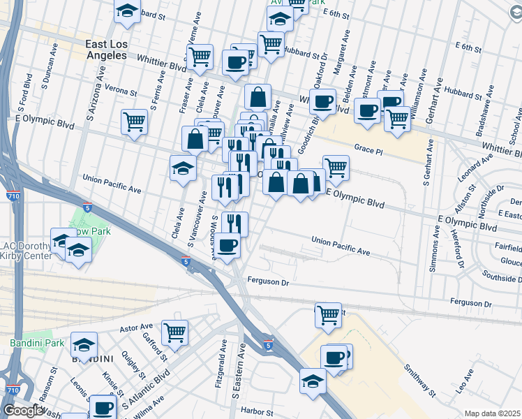 map of restaurants, bars, coffee shops, grocery stores, and more near 5303 Union Pacific Avenue in East Los Angeles