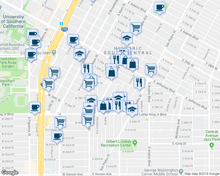 map of restaurants, bars, coffee shops, grocery stores, and more near 3728 Wall Street in Los Angeles