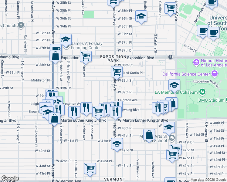 map of restaurants, bars, coffee shops, grocery stores, and more near 3927 Normandie Avenue in Los Angeles