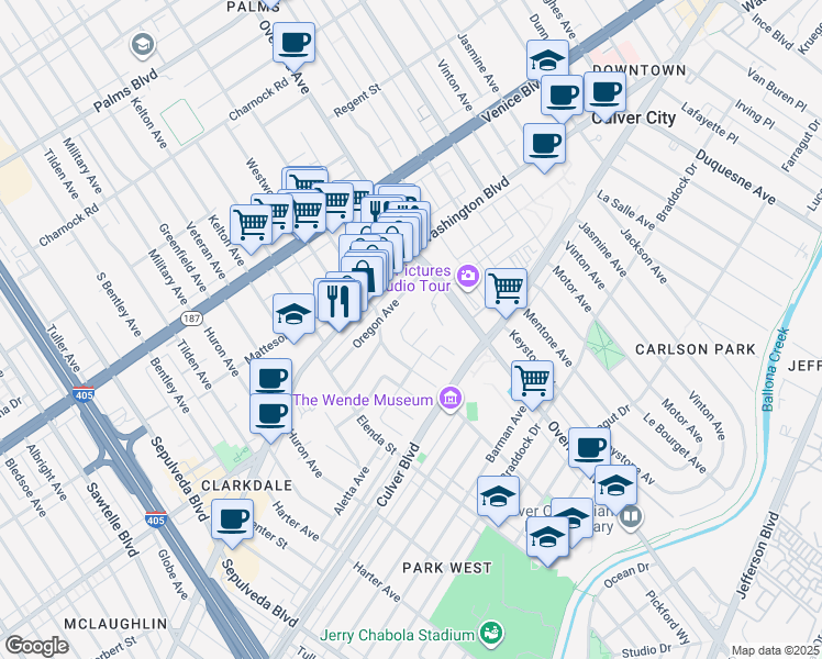 map of restaurants, bars, coffee shops, grocery stores, and more near 3964 Lamarr Avenue in Culver City