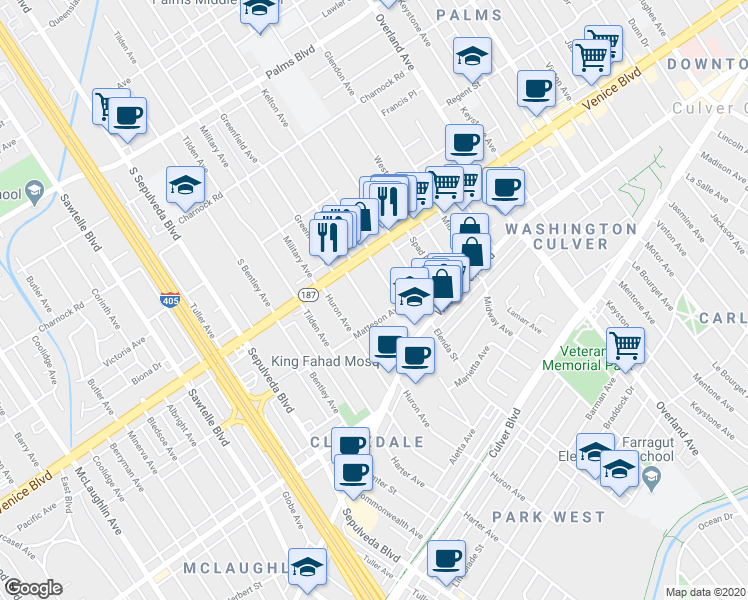 map of restaurants, bars, coffee shops, grocery stores, and more near 3864 Prospect Avenue in Culver City