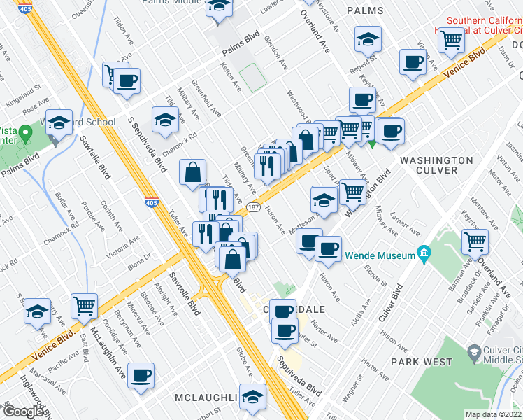 map of restaurants, bars, coffee shops, grocery stores, and more near 11028 Venice Boulevard in Culver City