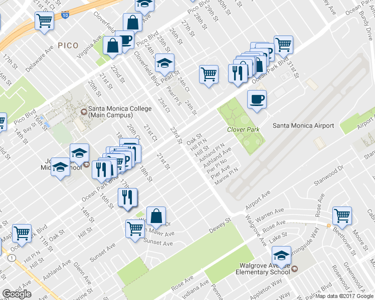 map of restaurants, bars, coffee shops, grocery stores, and more near 2224 Hill Place North in Santa Monica