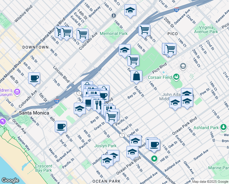 map of restaurants, bars, coffee shops, grocery stores, and more near 1013 Pico Boulevard in Santa Monica