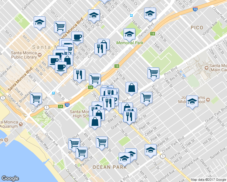map of restaurants, bars, coffee shops, grocery stores, and more near 1820 9th Street in Santa Monica