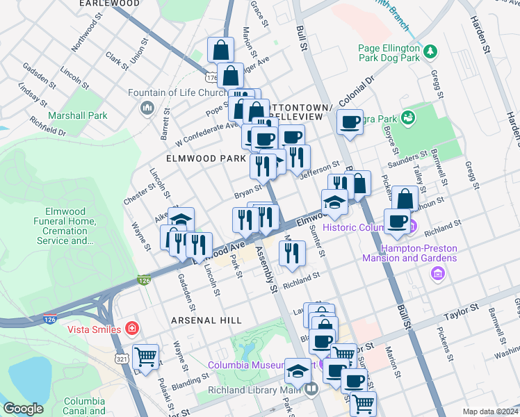 map of restaurants, bars, coffee shops, grocery stores, and more near 1112 Kinard Court in Columbia