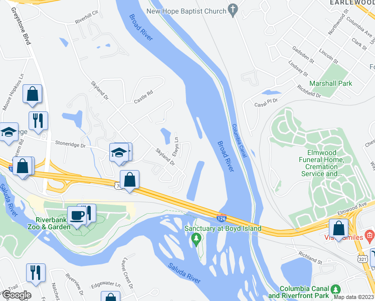 map of restaurants, bars, coffee shops, grocery stores, and more near 2076 Watermark Place in Columbia