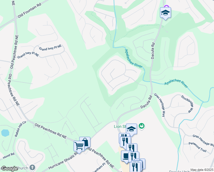 map of restaurants, bars, coffee shops, grocery stores, and more near 2973 Misty Rock Cove in Dacula