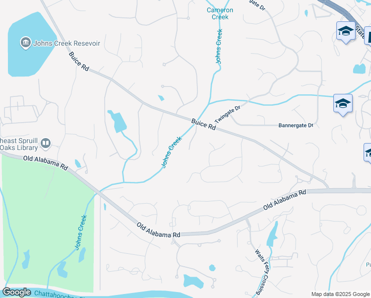 map of restaurants, bars, coffee shops, grocery stores, and more near 5185 Buice Road in Alpharetta