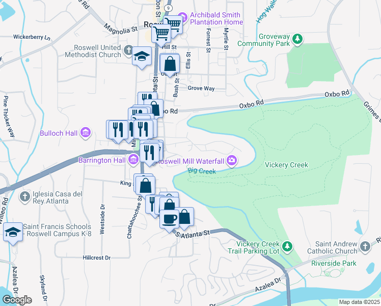 map of restaurants, bars, coffee shops, grocery stores, and more near Vickery Creek Park Trail in Roswell