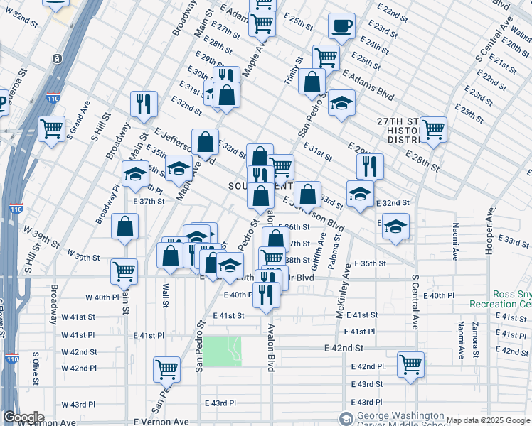 map of restaurants, bars, coffee shops, grocery stores, and more near 3514 San Pedro Street in Los Angeles