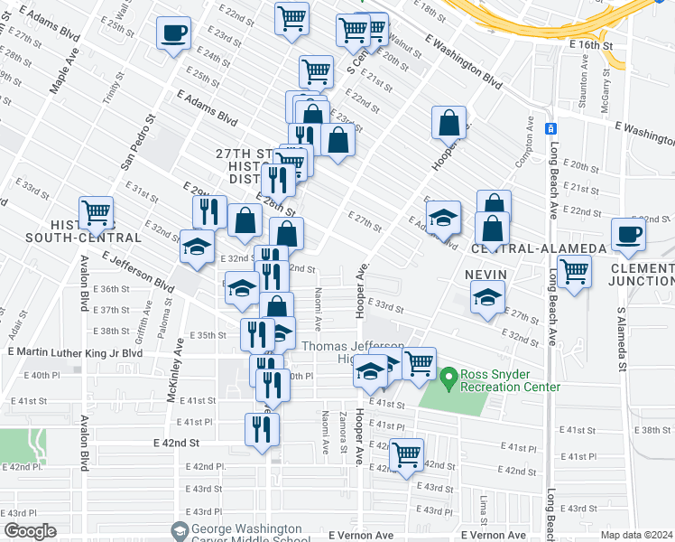 map of restaurants, bars, coffee shops, grocery stores, and more near 3215 Boaz Street in Los Angeles