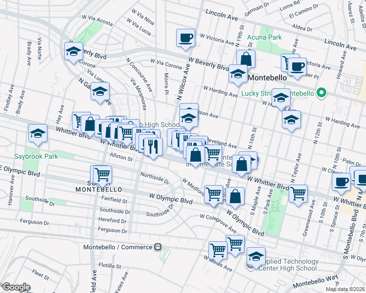 map of restaurants, bars, coffee shops, grocery stores, and more near 125 North 21st Street in Montebello