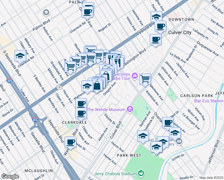 map of restaurants, bars, coffee shops, grocery stores, and more near 3930 Midway Avenue in Culver City