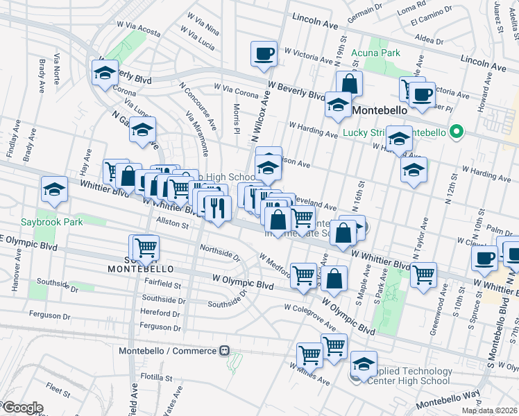 map of restaurants, bars, coffee shops, grocery stores, and more near 125 North 21st Street in Montebello