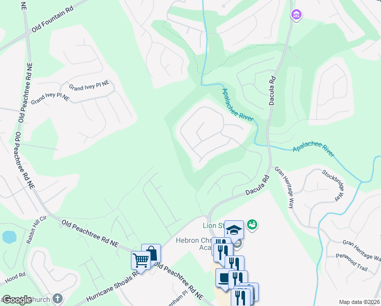 map of restaurants, bars, coffee shops, grocery stores, and more near 2973 Misty Rock Cove in Dacula