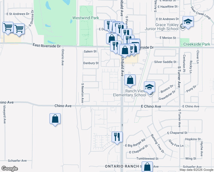map of restaurants, bars, coffee shops, grocery stores, and more near 3256 Sprout Paseo in Ontario