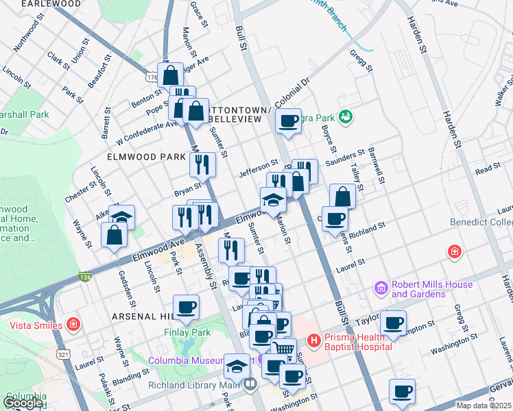map of restaurants, bars, coffee shops, grocery stores, and more near 1301 Elmwood Avenue in Columbia