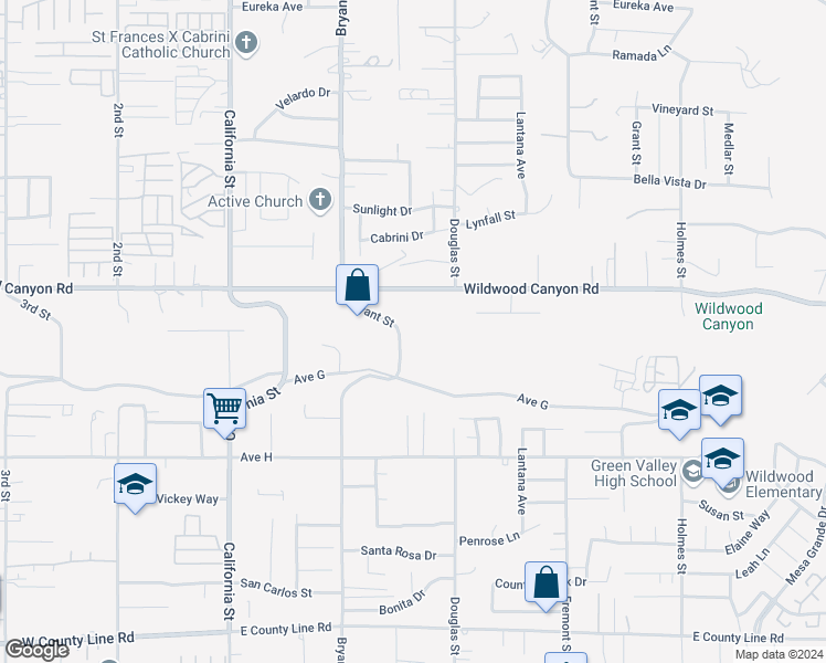 map of restaurants, bars, coffee shops, grocery stores, and more near 13195 Bryant Street in Yucaipa