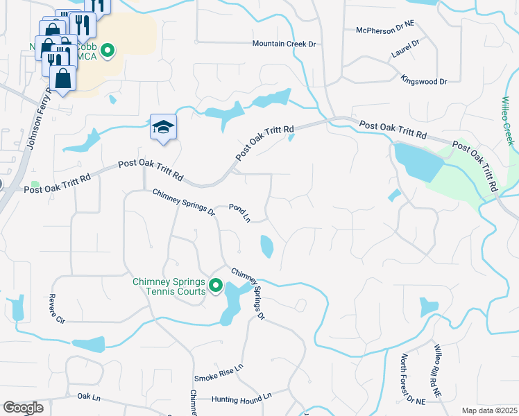 map of restaurants, bars, coffee shops, grocery stores, and more near 4577 Pond Lane in Marietta