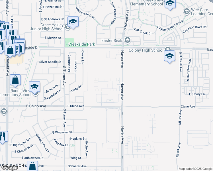 map of restaurants, bars, coffee shops, grocery stores, and more near 3252 S Agate Paseo in Ontario