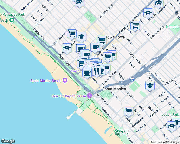 map of restaurants, bars, coffee shops, grocery stores, and more near 201 Broadway in Santa Monica
