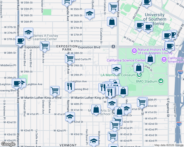 map of restaurants, bars, coffee shops, grocery stores, and more near 3928 Budlong Avenue in Los Angeles