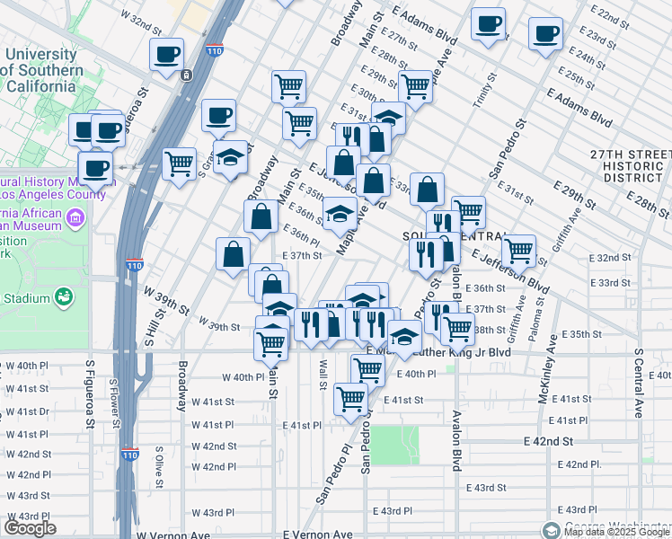 map of restaurants, bars, coffee shops, grocery stores, and more near 3712 Maple Avenue in Los Angeles