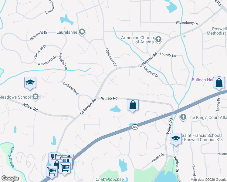 map of restaurants, bars, coffee shops, grocery stores, and more near 665 Willeo Road in Roswell