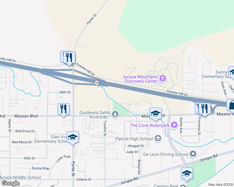 map of restaurants, bars, coffee shops, grocery stores, and more near 7701 Mission Boulevard in Riverside